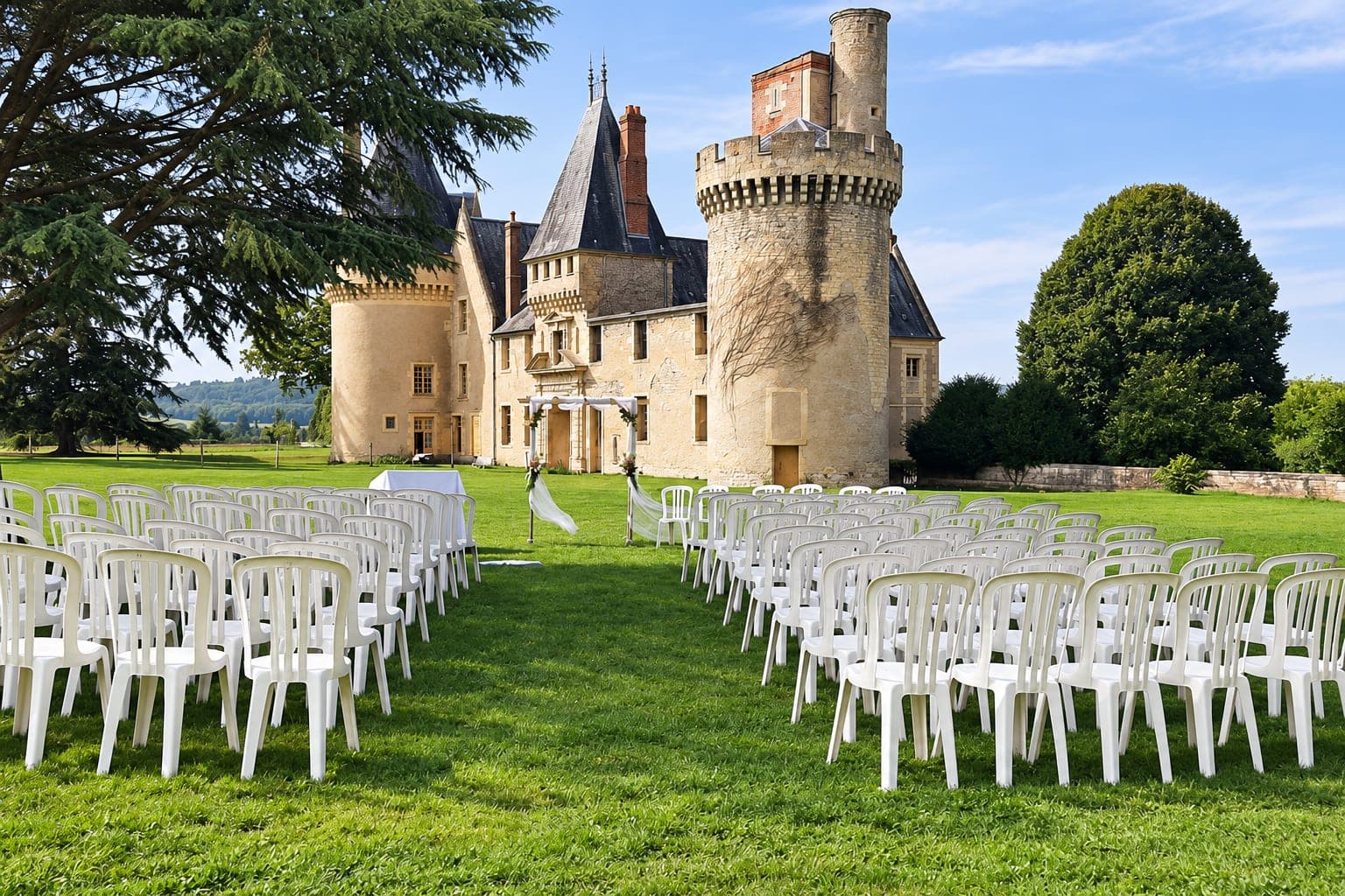 Château des Bordes and its round tower, seen from the lawn
